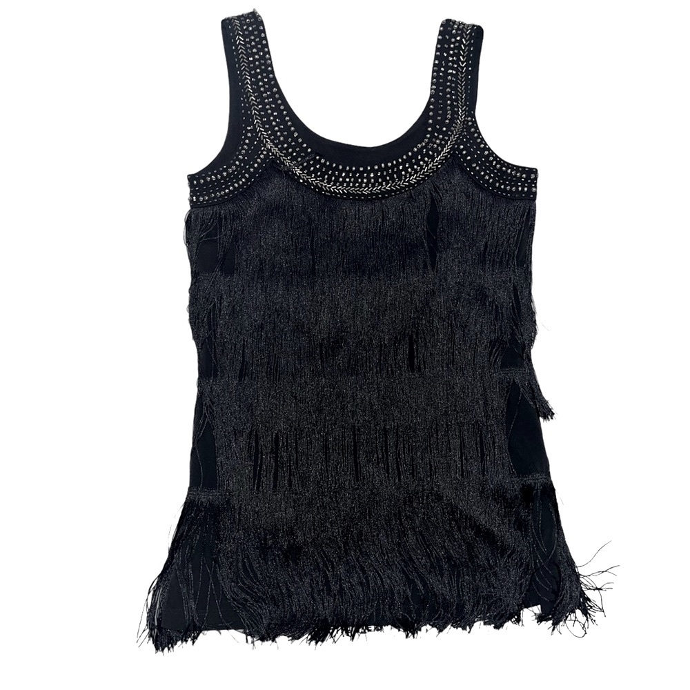 Cache Black Fringe Tassel Flapper Party Top